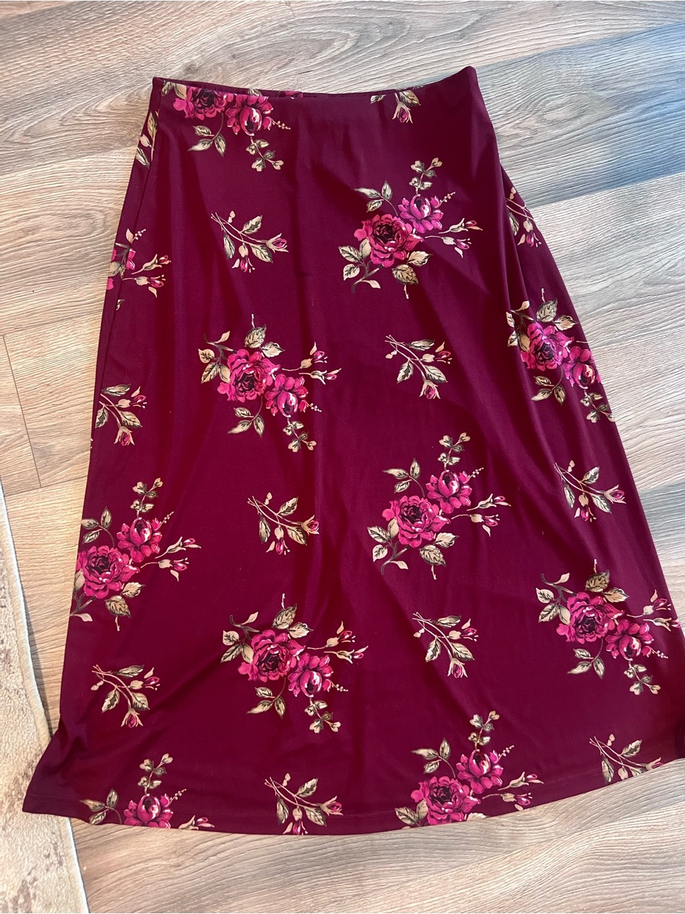 Vintage 90s Maroon Floral Rose Midi Skirt XL